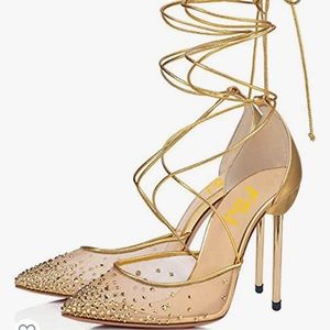 FSJ Women High Heel Ankle Strap Sandals Pointed Toe Rivets Pumps